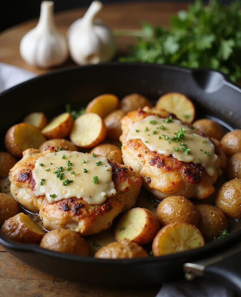 Garlic Parmesan Chicken and Potatoes (One-Pan Dinner) - Step 6: Add Garlic and Chicken 1
