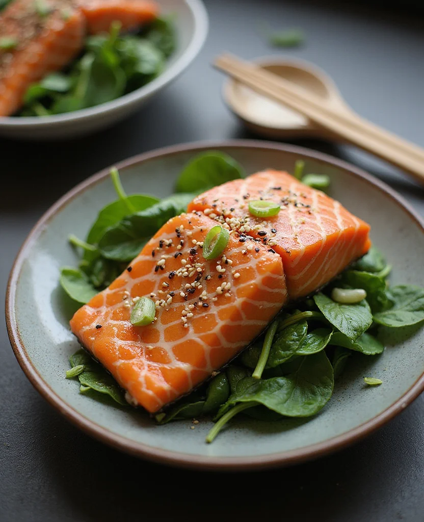 Seared Salmon on Spinach (15-Min Japanese Dinner) - Step 4: Flip and Finish Cooking 1