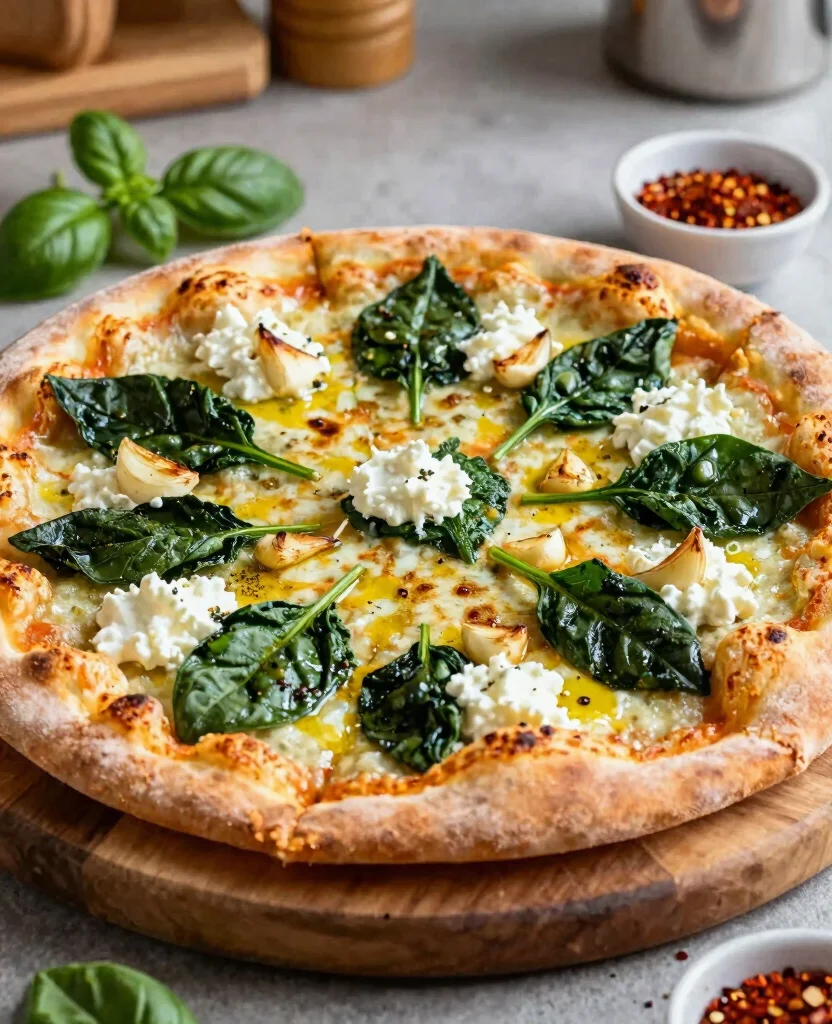 10 Gourmet Pizza Recipes to Make at Home - 1. Roasted Garlic and Spinach White Pizza 1
