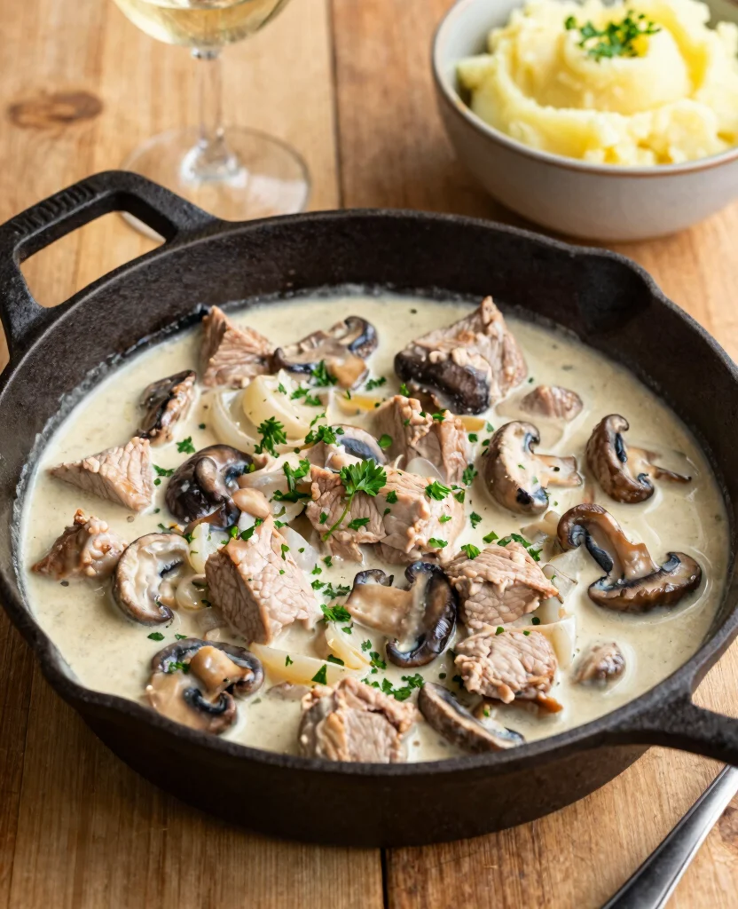 12 Creative Meals Made from Leftover Pork Tenderloin - 3. Creamy Pork and Mushroom Skillet 1