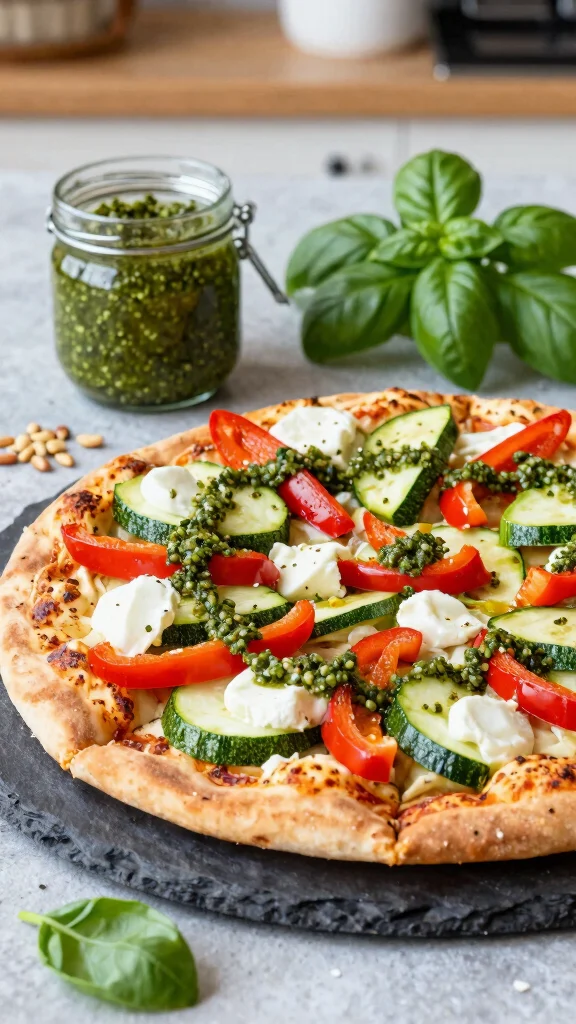 Low Calorie Pizza Recipes Done Right: 17 Ideas That Still Taste Amazing - 6. Pesto Veggie Cauliflower Pizza 1