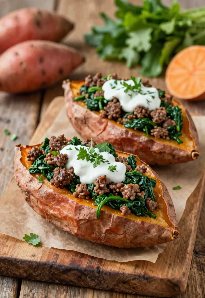 14 Easy Gluten Free Ground Beef Recipes Budget Friendly and Delicious - 11. Beef & Spinach Stuffed Sweet Potatoes 1