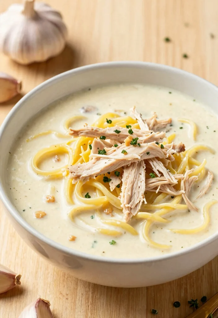 8 Classic Healthy Chicken Noodle Soup Recipes Warm Light and Comforting - 7. Creamy Garlic Chicken Noodle Soup 1