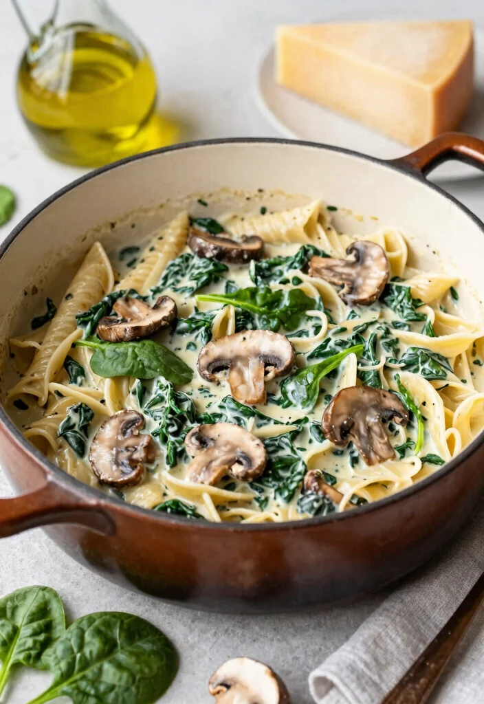 9 Easy Healthy One Pot Meals for Quick Clean and Delicious Dinners - 4. Creamy Spinach and Mushroom Pasta 1