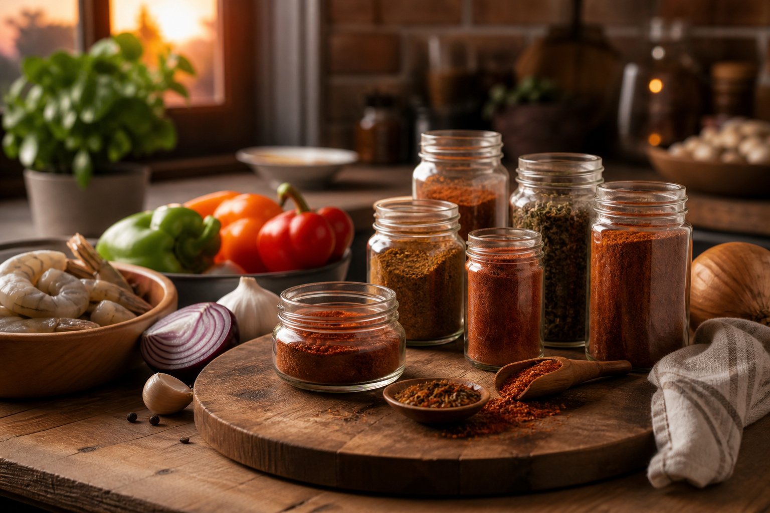Rustic kitchen counter with warm light and Cajun seasoning jars