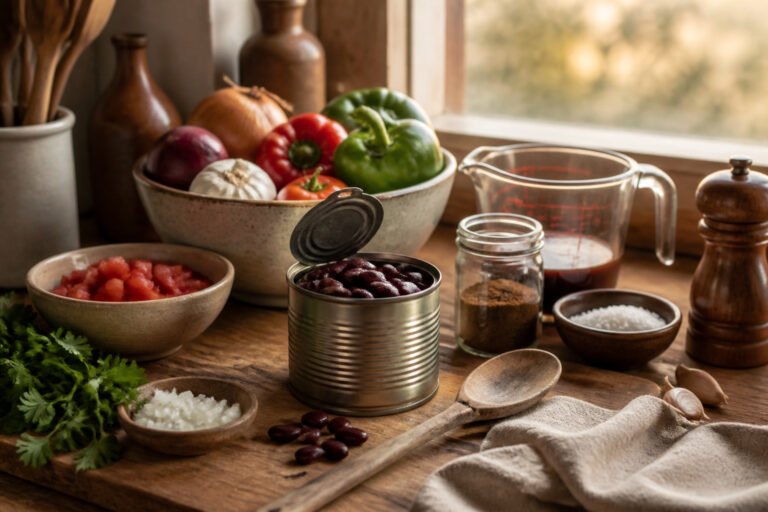 Cozy kitchen with warm light and a window at dusk