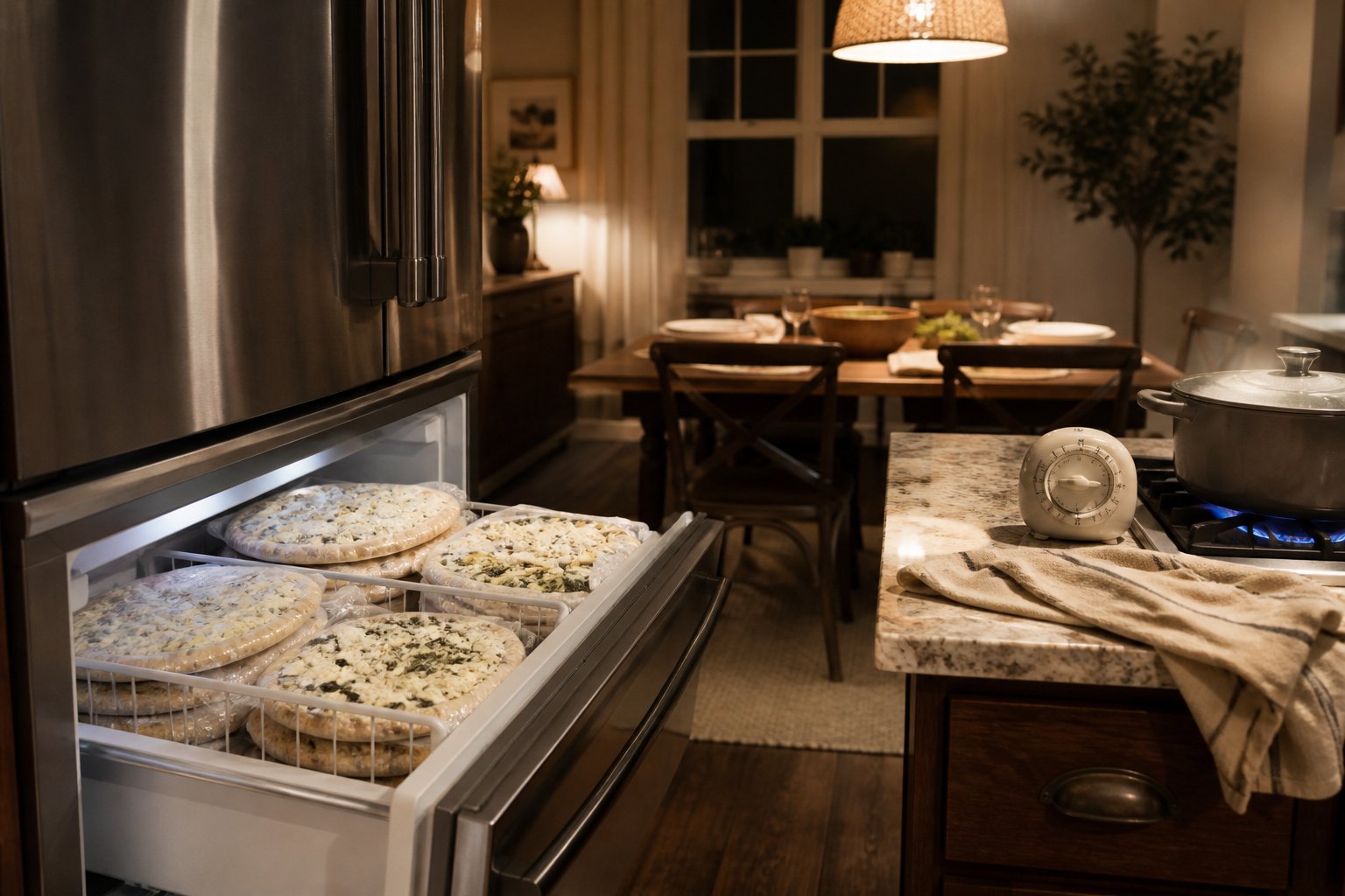 Cozy family kitchen with warm overhead light in the evening