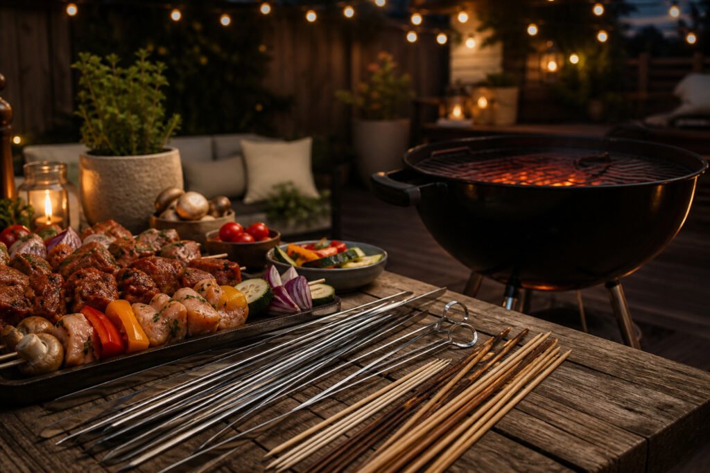A backyard patio with a charcoal grill and fairy lights at dusk.
