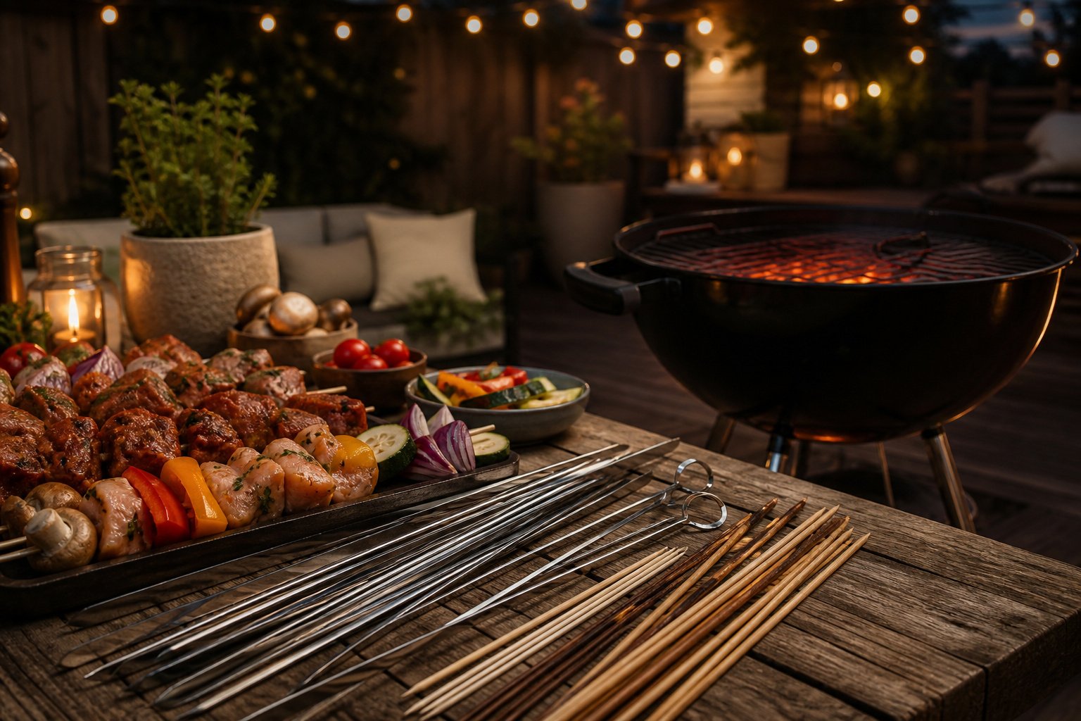A backyard patio with a charcoal grill and fairy lights at dusk.
