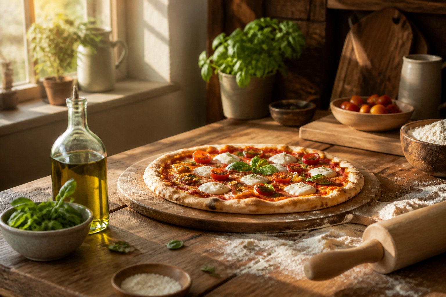 A cozy kitchen with warm sunlight streaming through the window