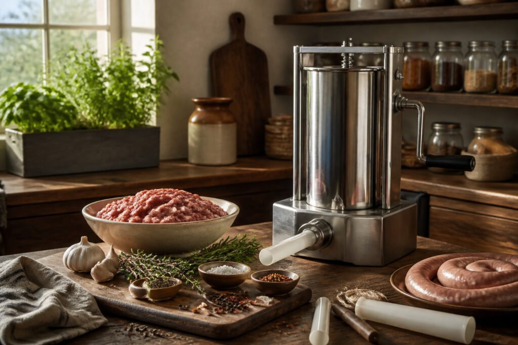 A well-used kitchen countertop with sausage stuffing equipment and sunlight
