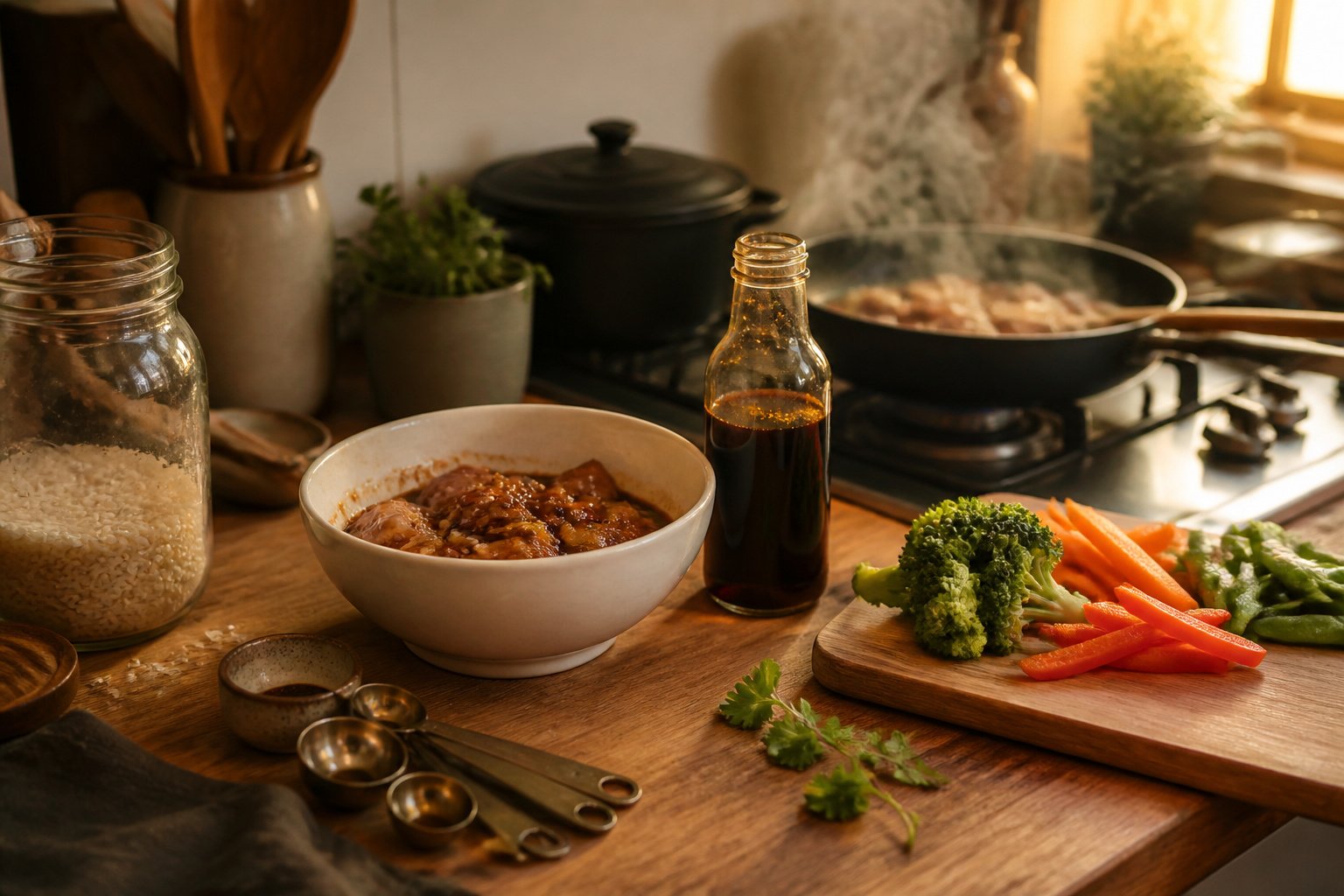 Cozy kitchen with a white ceramic bowl and warm evening light