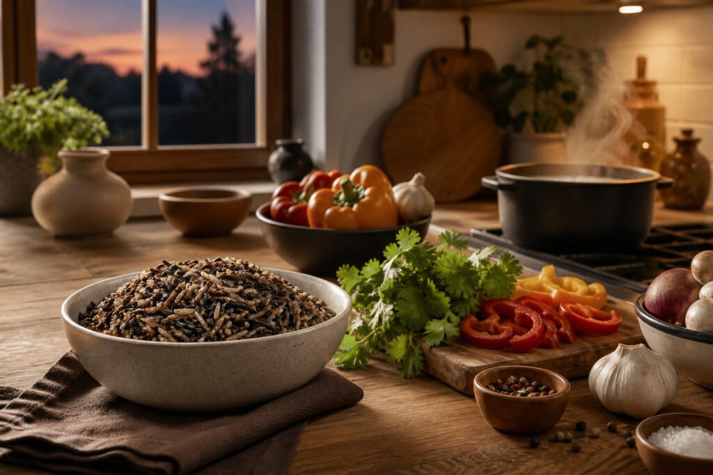 Cozy kitchen scene with warm lighting and wooden countertop