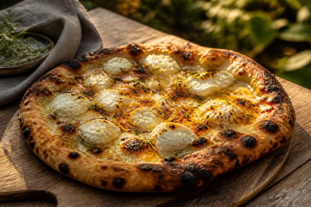 Hot honey ricotta pizza with a crispy crust and melted cheese.