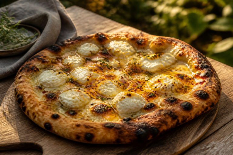 Hot honey ricotta pizza with a crispy crust and melted cheese.