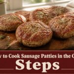 Sausage patties cooking on a sheet pan in the oven.
