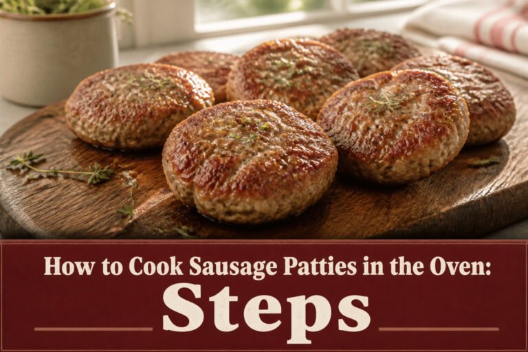 Sausage patties cooking on a sheet pan in the oven.