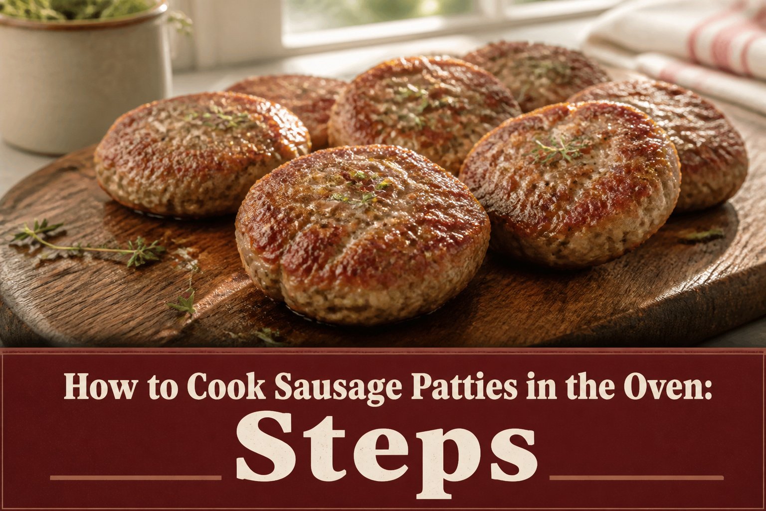 Sausage patties cooking on a sheet pan in the oven.