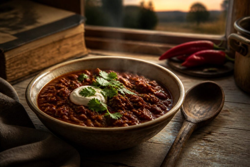 A pot of chili bubbling on the stove with various ingredients visible.