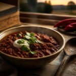 A pot of chili bubbling on the stove with various ingredients visible.