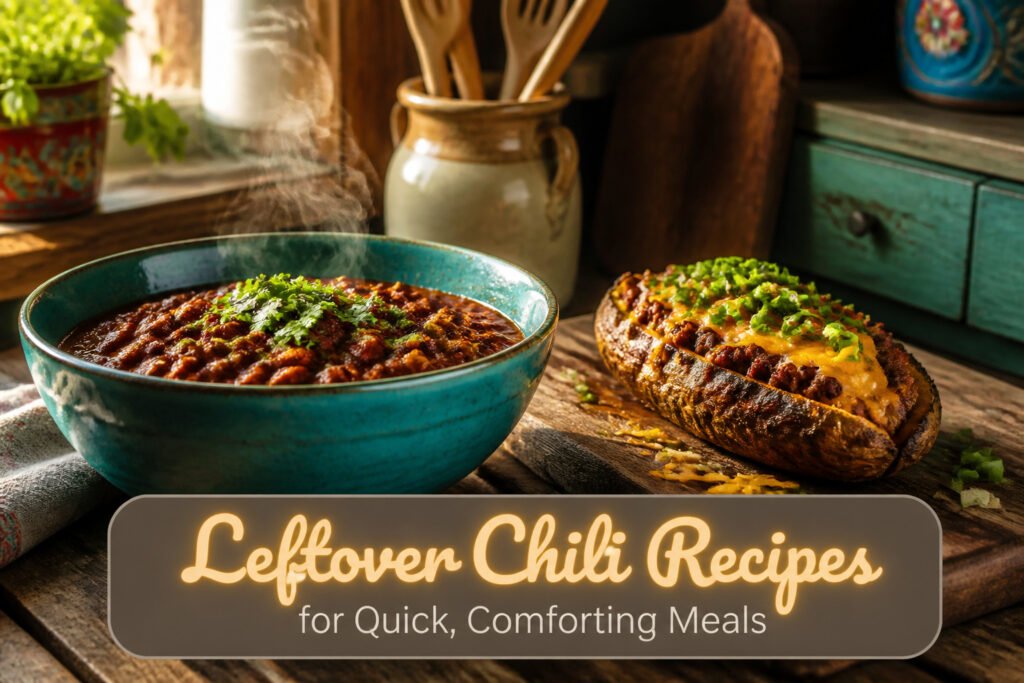 Assorted dishes featuring leftover chili, including nachos, burritos, and stuffed peppers.