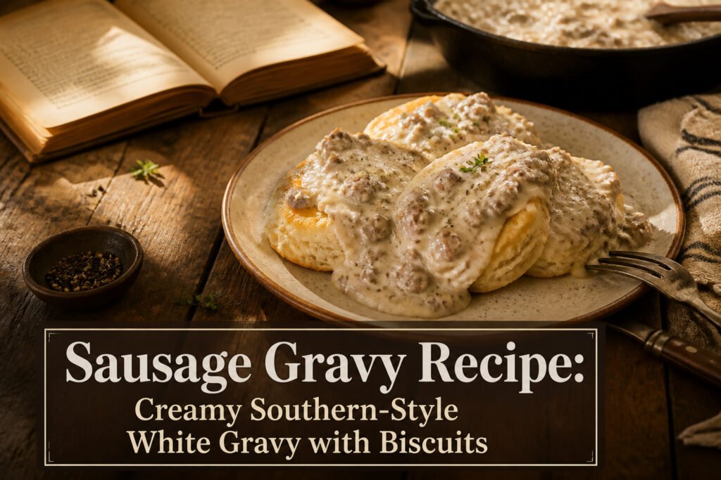 Bowl of sausage gravy on split biscuits with a rustic background.