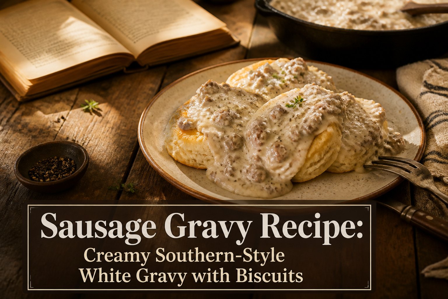 Bowl of sausage gravy on split biscuits with a rustic background.