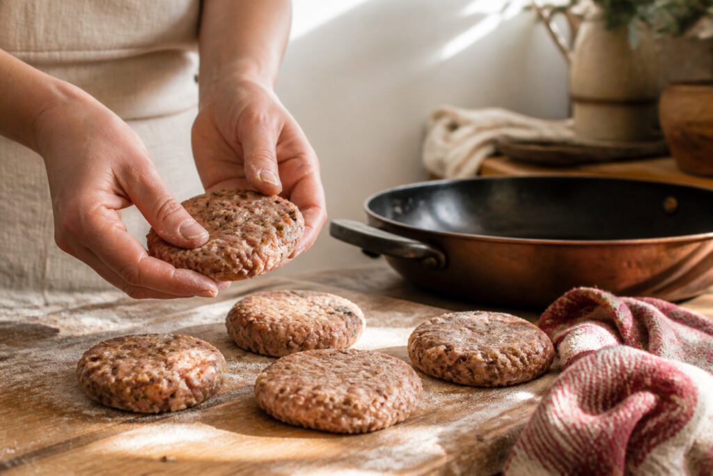 A plate of golden-brown turkey sausage patties with fresh herbs.
