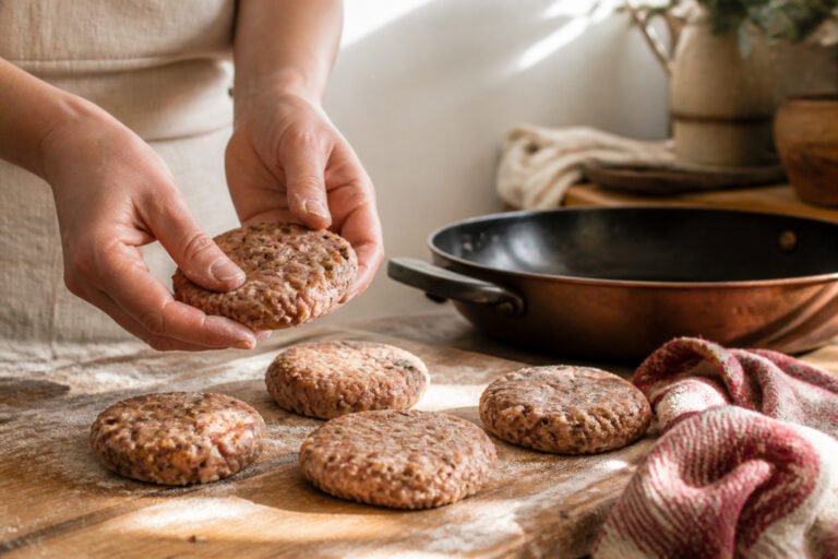 A plate of golden-brown turkey sausage patties with fresh herbs.