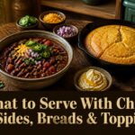 A bowl of chili with cornbread, biscuits, and toppings.