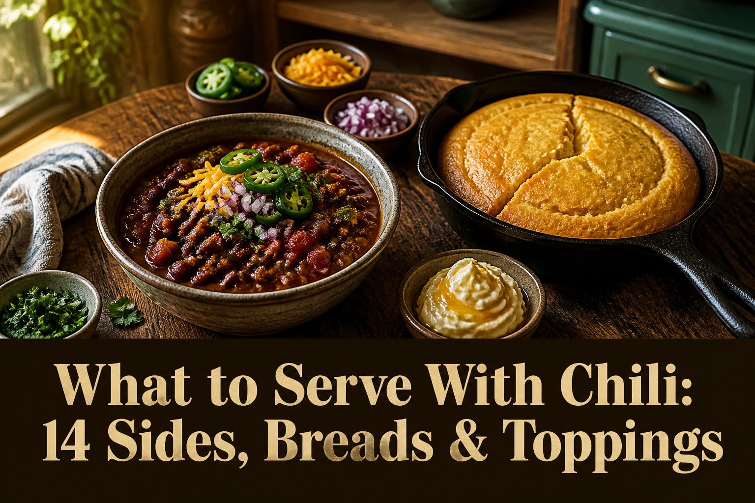A bowl of chili with cornbread, biscuits, and toppings.